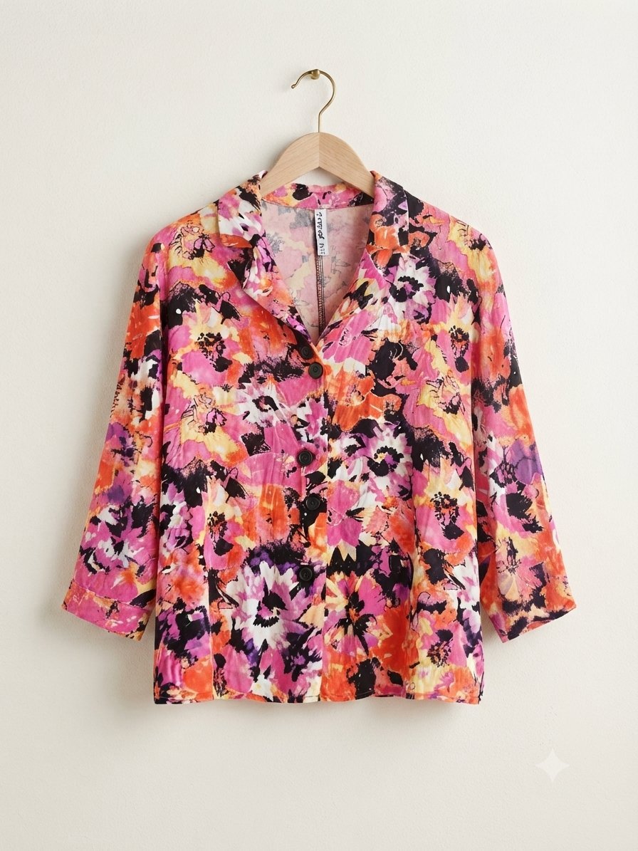 Chemise oversize fluide à motif floral coloré (Rose, orange et violet)