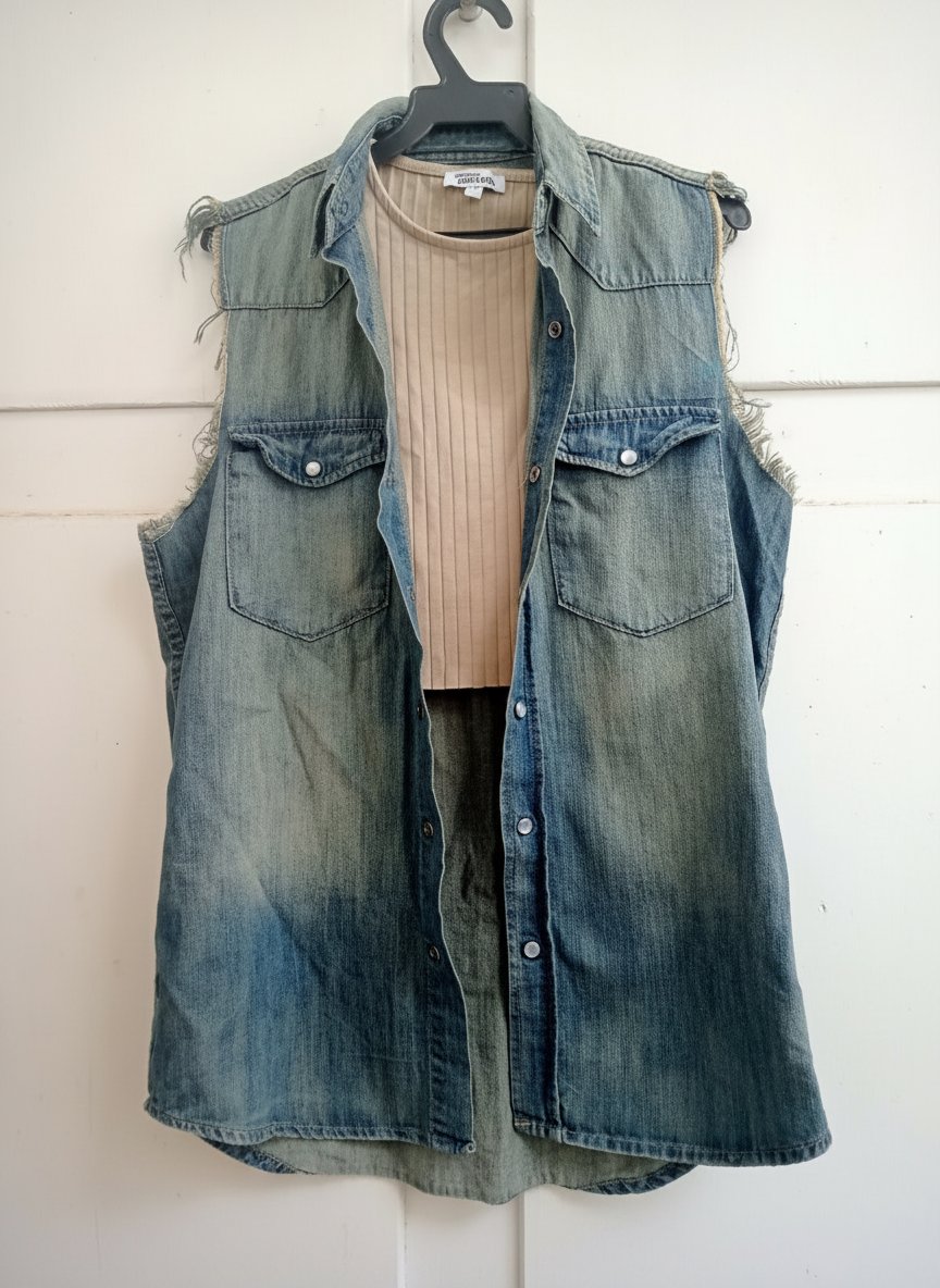 Ensemble tendance : Gilet en jean sans manches + Top côtelé beige | Style Bohème / Casual