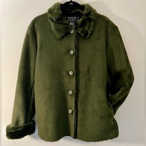 Coaco New York Women's Jacket L GREEN Faux Fur Lined Fleece Button front Pockets