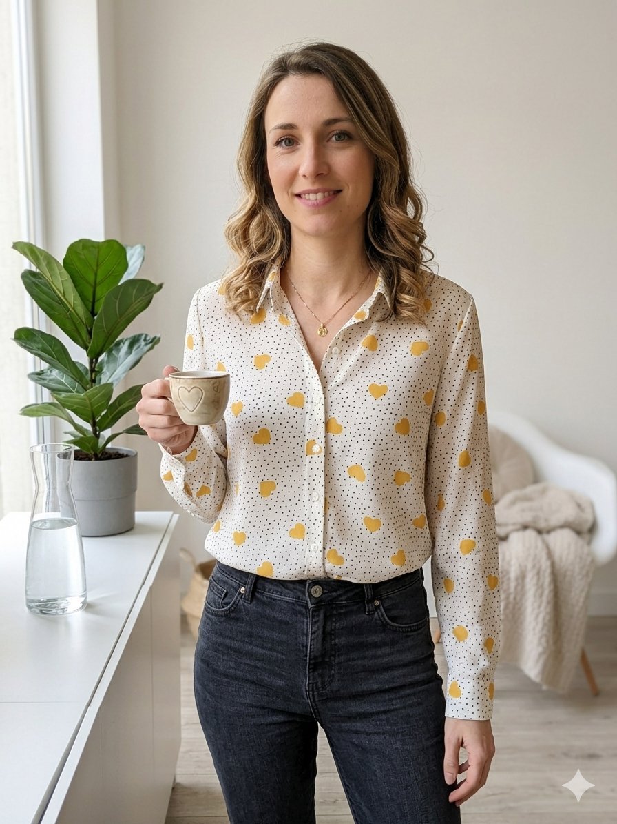  Chemise Fluide Blanche - Motifs Cœurs Jaunes & Pois