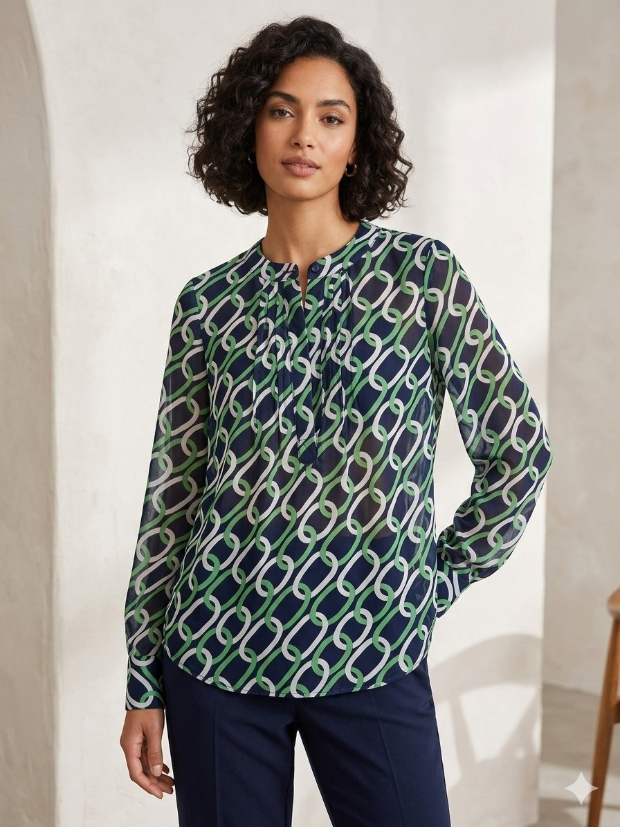 🟢 Blouse fluide à motif chaînes – Vert, Bleu Marine & Blanc