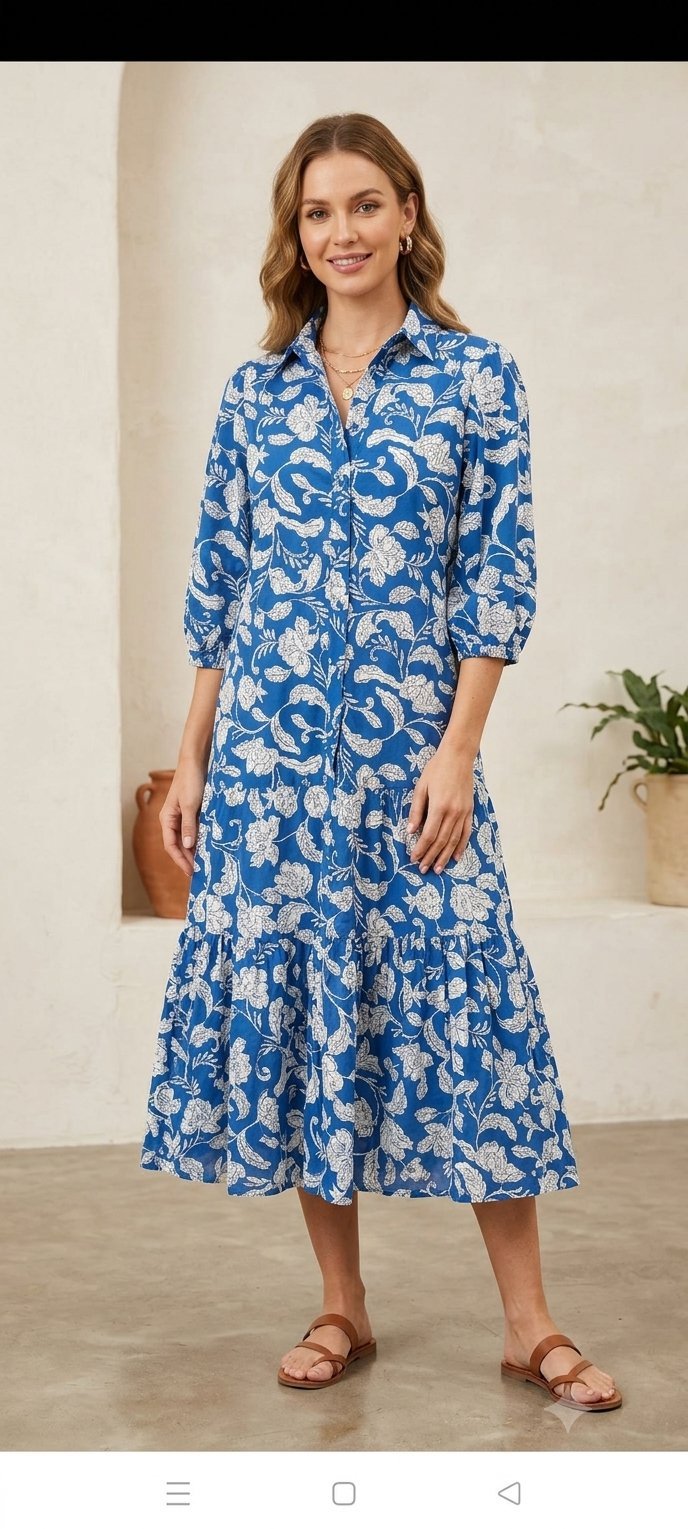 👗 Robe longue boutonnée bleue à motifs fleuris