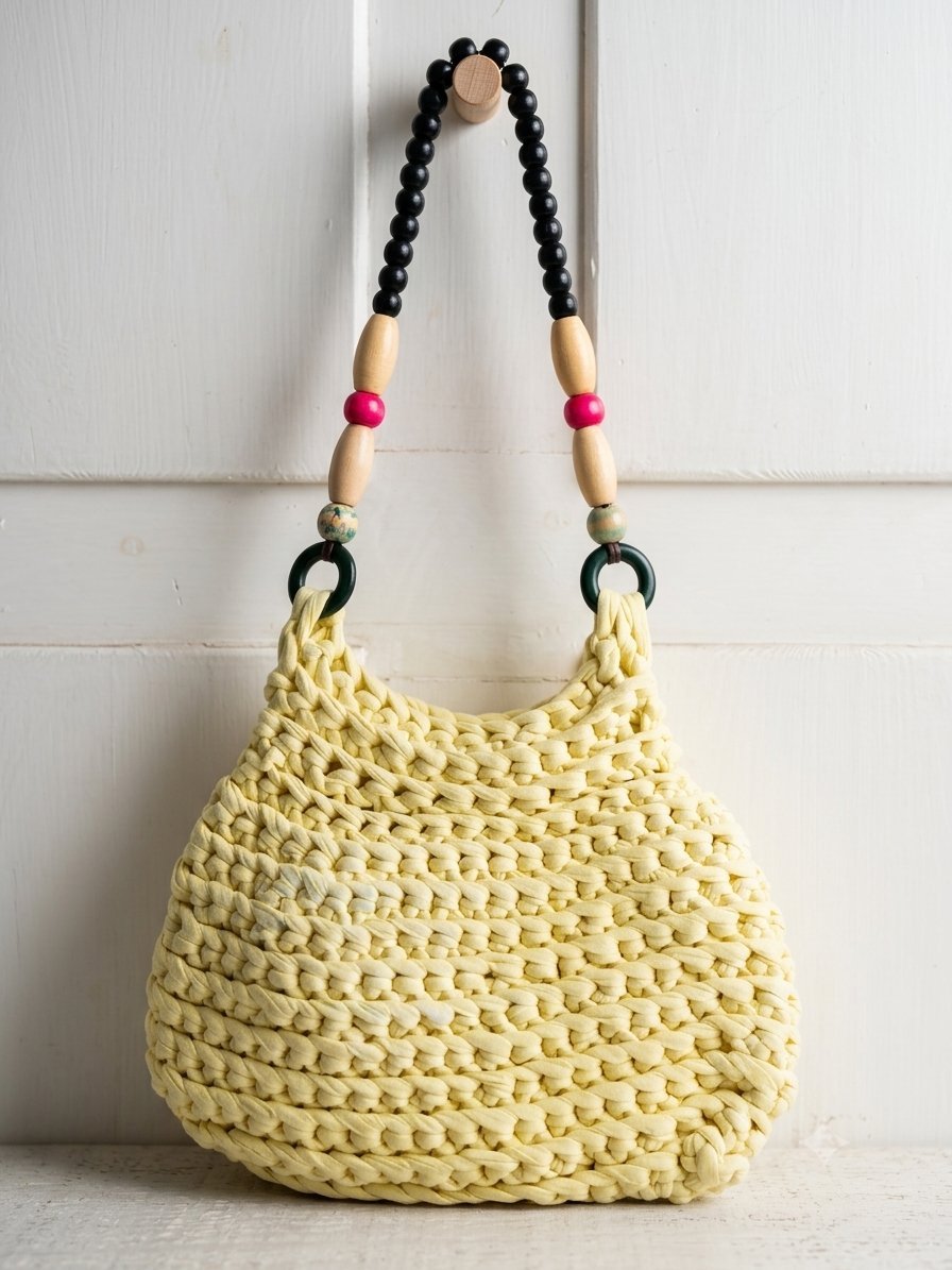 Sac à main en crochet jaune pastel avec anse en perles en bois