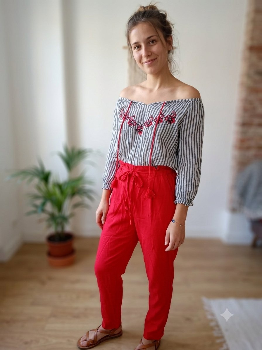 🌺 Ensemble Style Bohème – Blouse Brodée & Pantalon Rouge 🌺