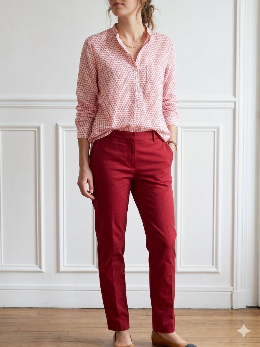 🌸 Chemise fluide à motifs géométriques rouge et blanc 🌸
