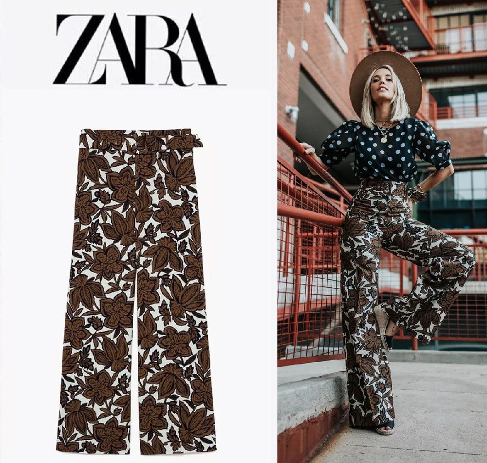 ZARA floral printed wide leg flared trousers