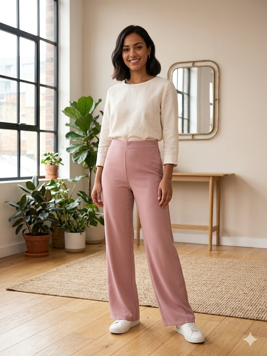 🌸 Pantalon fluide taille haute – Rose poudré / Vieux rose