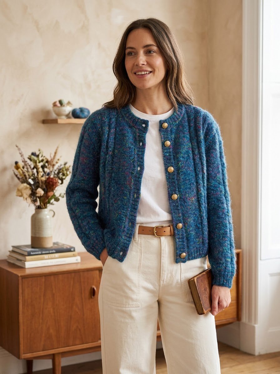 Superbe gilet en maille chinée (style rétro / cocooning) 