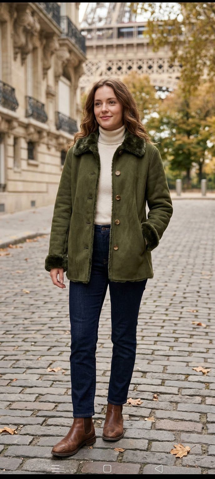 ​Manteau effet suédine et fausse fourrure vert olive – Style élégant et chaleureux