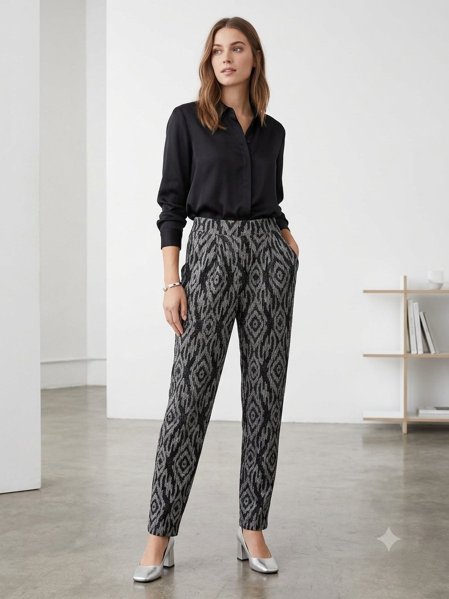 Pantalon fluide noir et argenté à motifs géométriques / ikat. Taille unique M/L