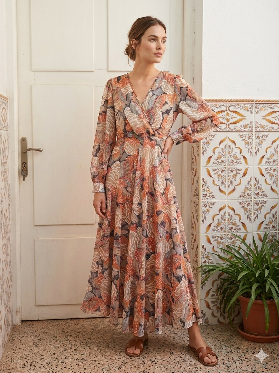 🌸 Robe Longue Bohème - Imprimé Floral Automnal 🌸