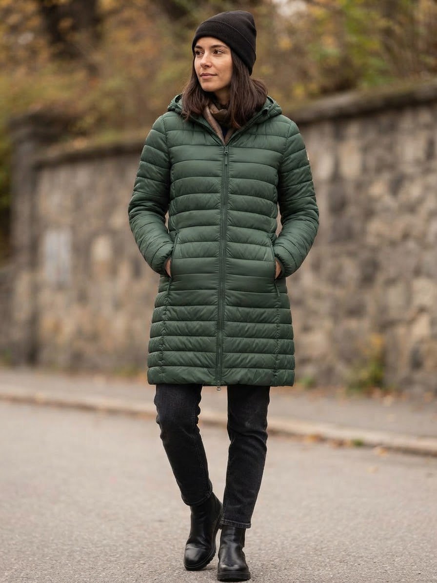 Titre : Doudoune longue matelassée vert sapin 