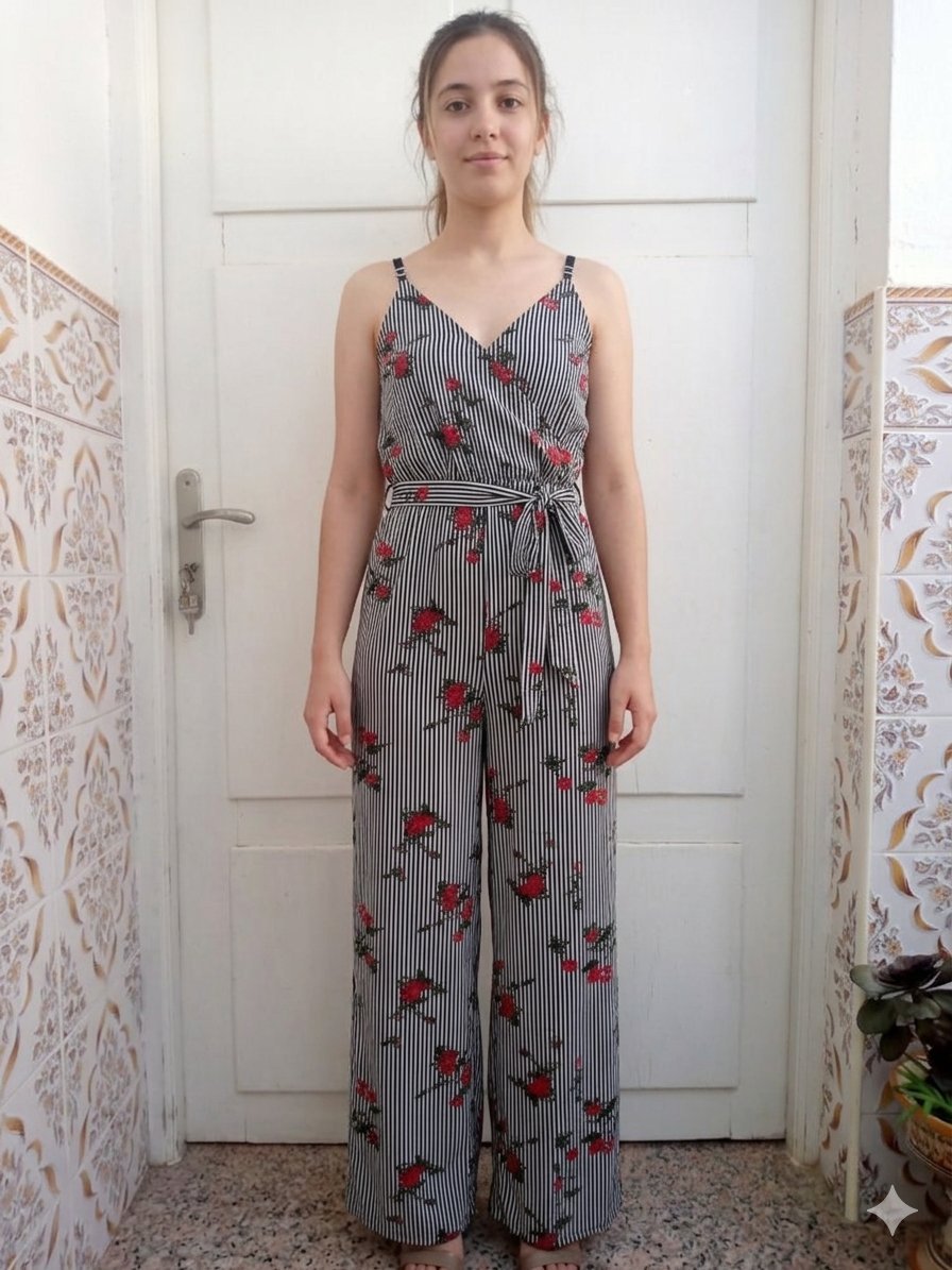 🌸 Magnifique Combinaison Pantalon Fluide – Motif Rayures & Fleurs