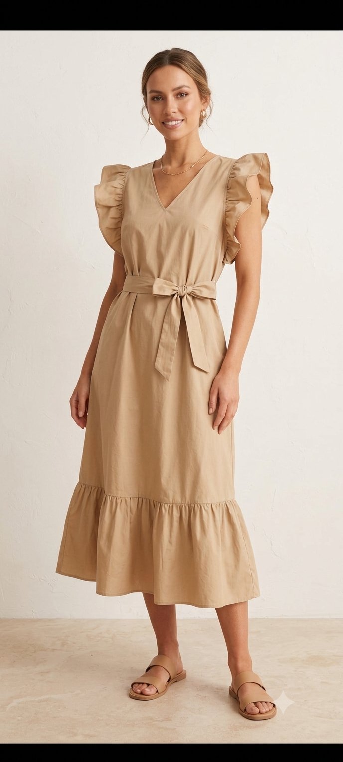 👗 Robe longue mi-longue beige/camel à volants