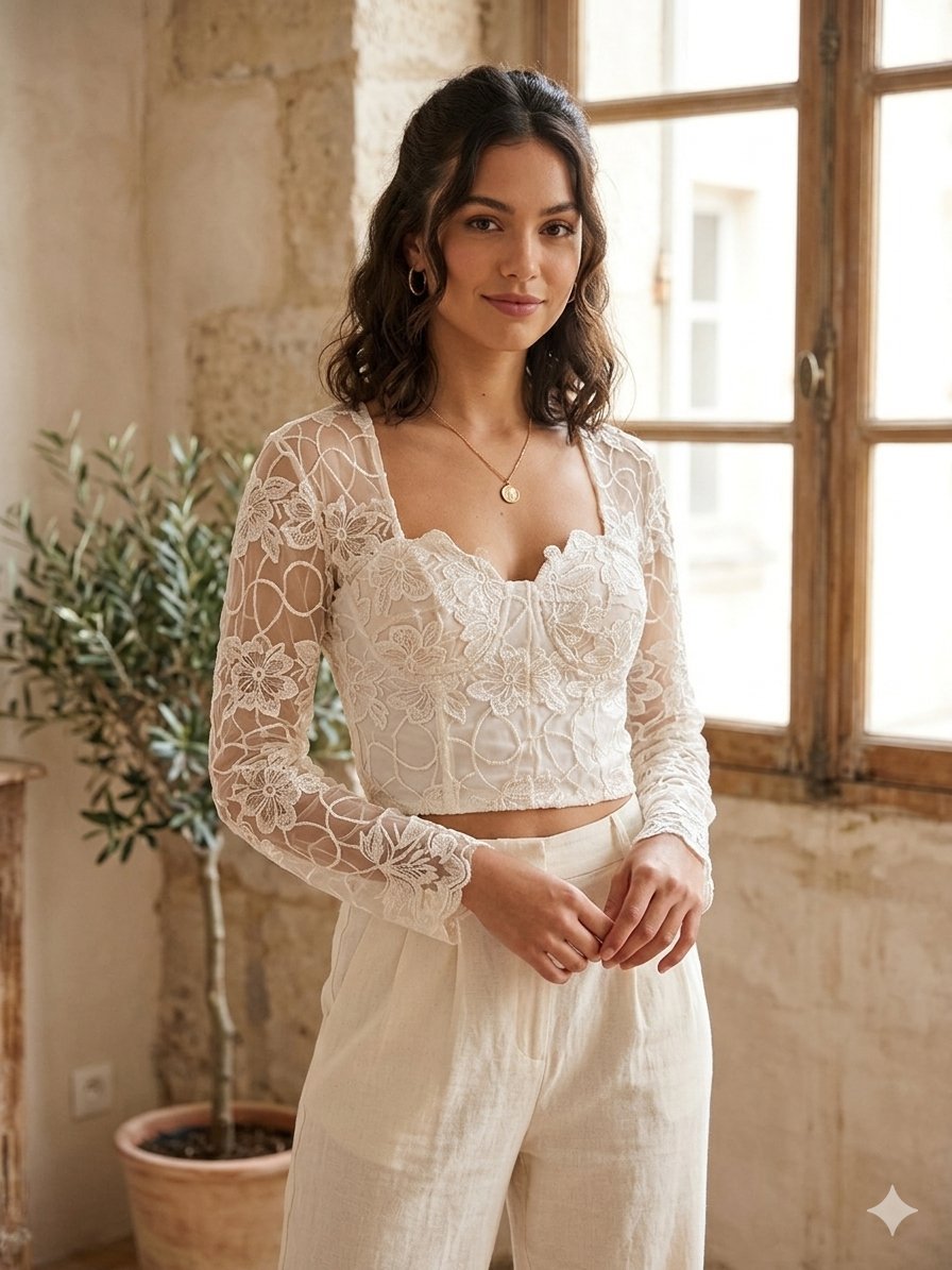 Top Bustier en Dentelle Blanche Fleurie - Style Romantique
