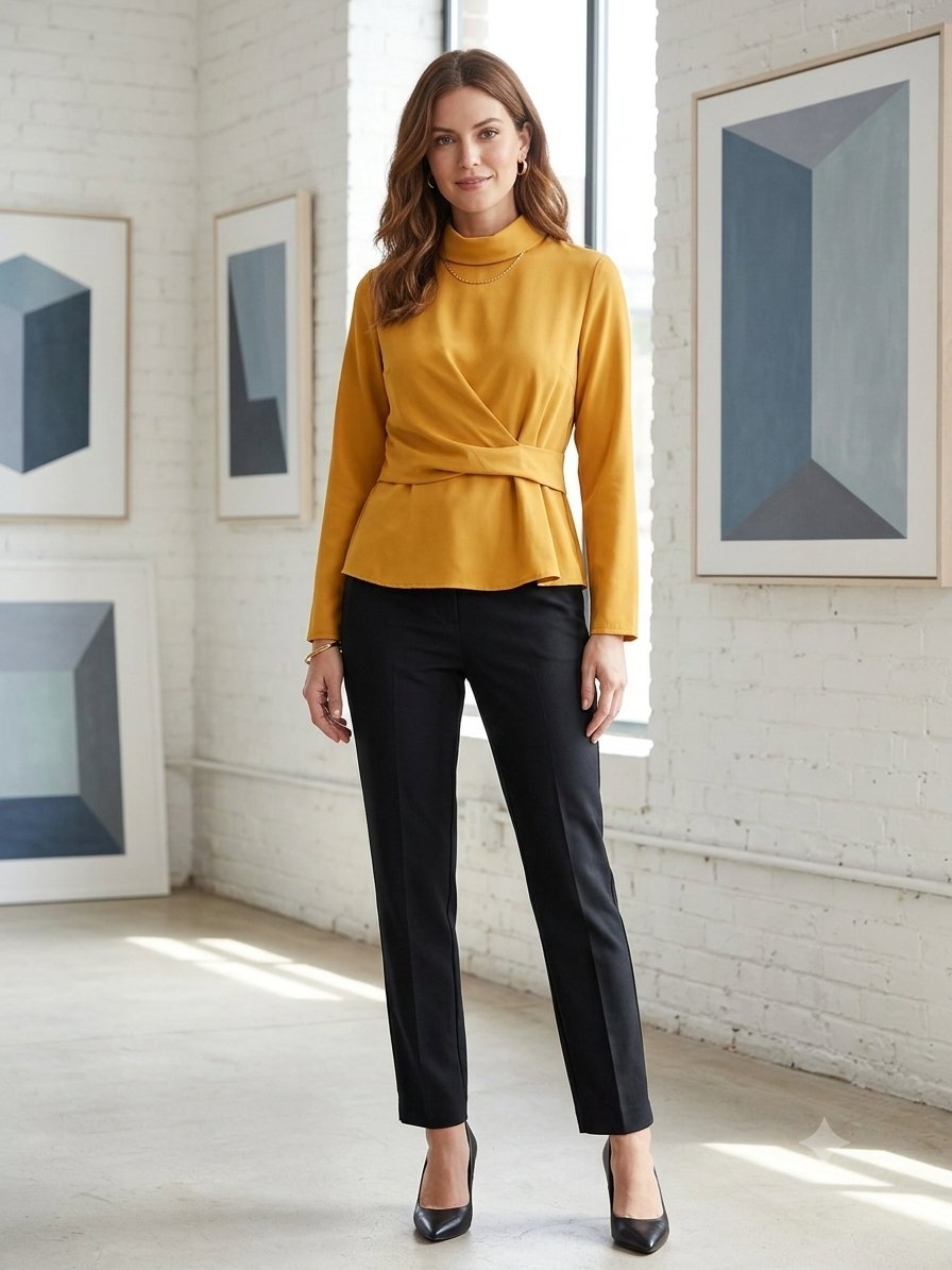 "Ensemble chic : Blouse drapée moutarde + Pantalon noir")