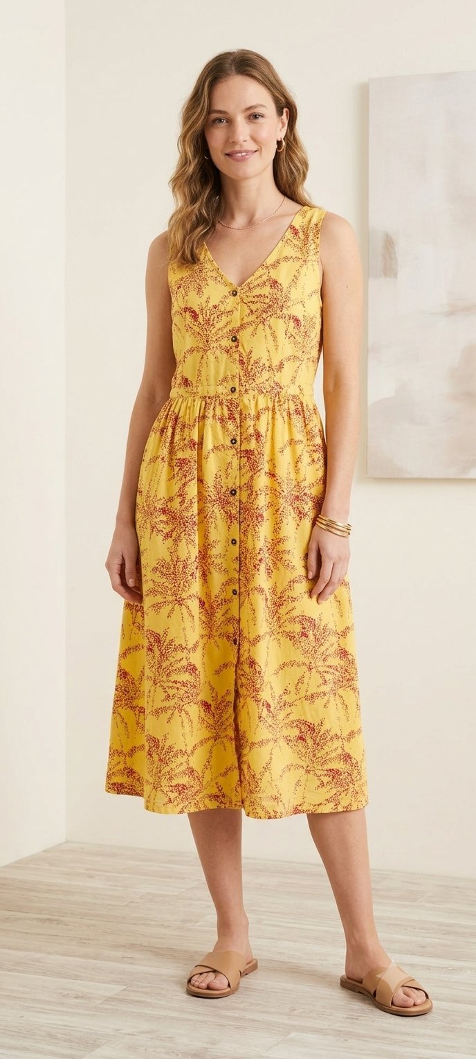 👗 Robe midi jaune à motifs en coton léger