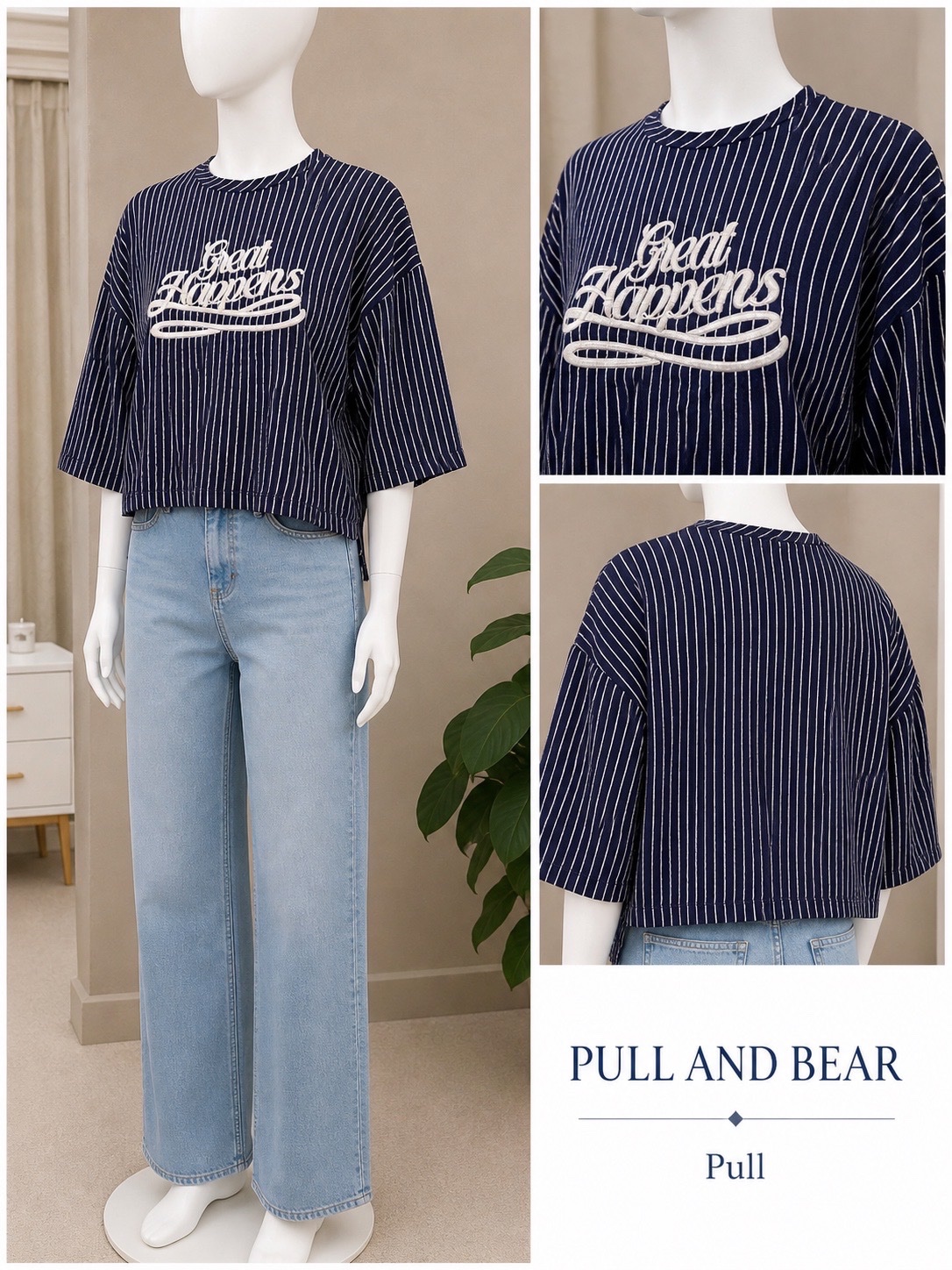 Pull rayé bleu marine & blanc « Great Happens » 