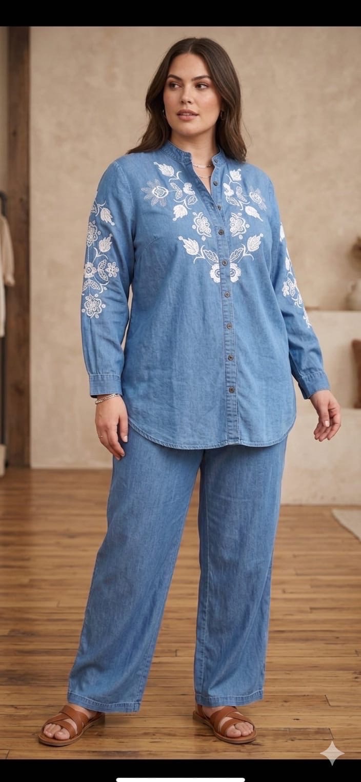 Ensemble Denim Tencel Brodé – Style w Confort fard wa9t! 💙✨