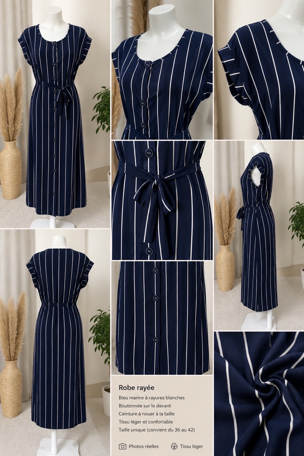 Robe longue rayée bleu marine & blanc 