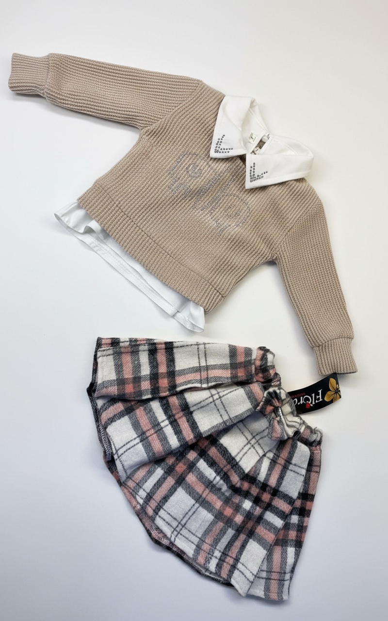 Tenue Complète Fille - Pull Beige avec Col Bijou et Jupe Plissée à Carreaux.