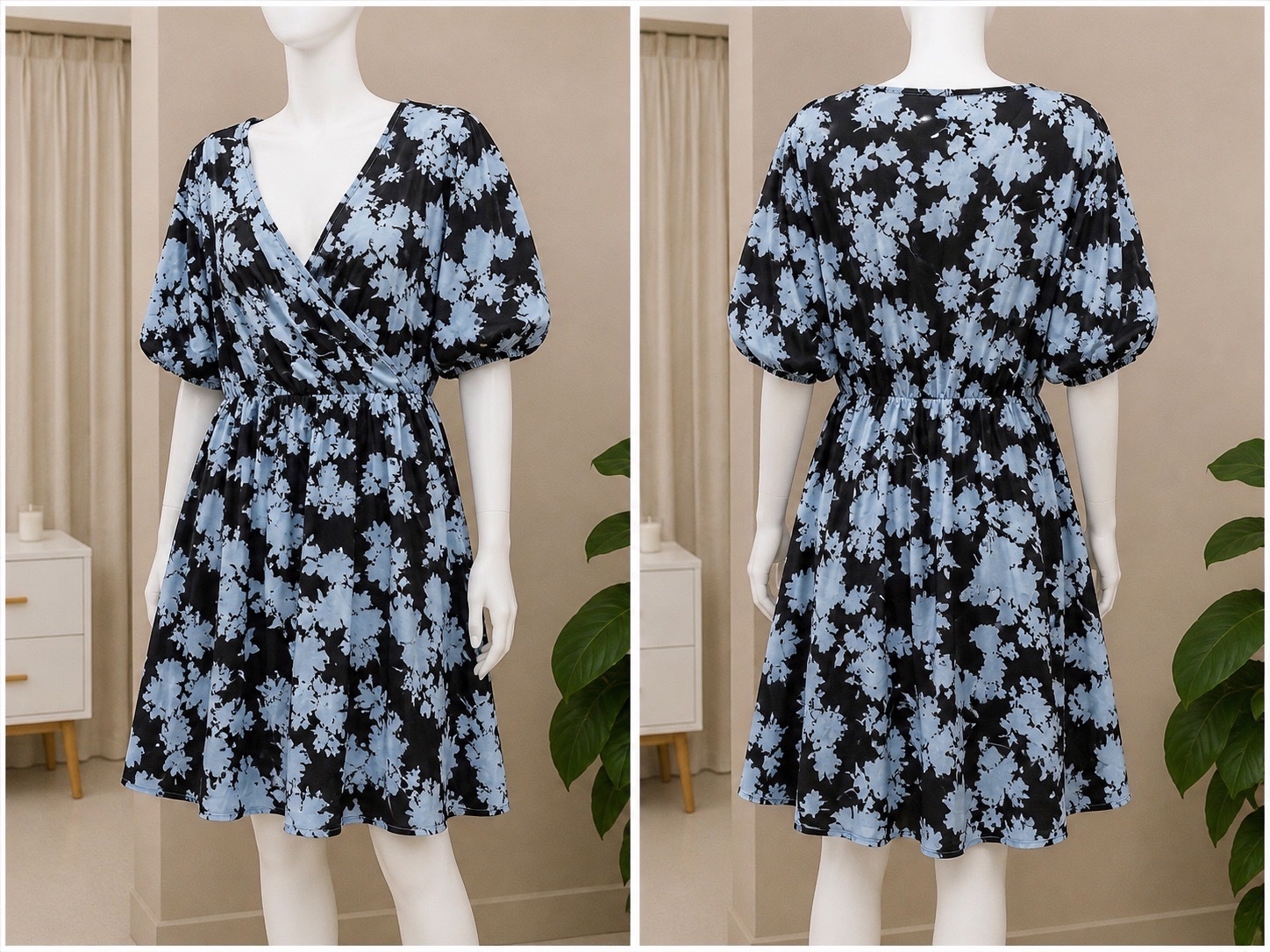Robe courte fleurie noire & bleu ciel 