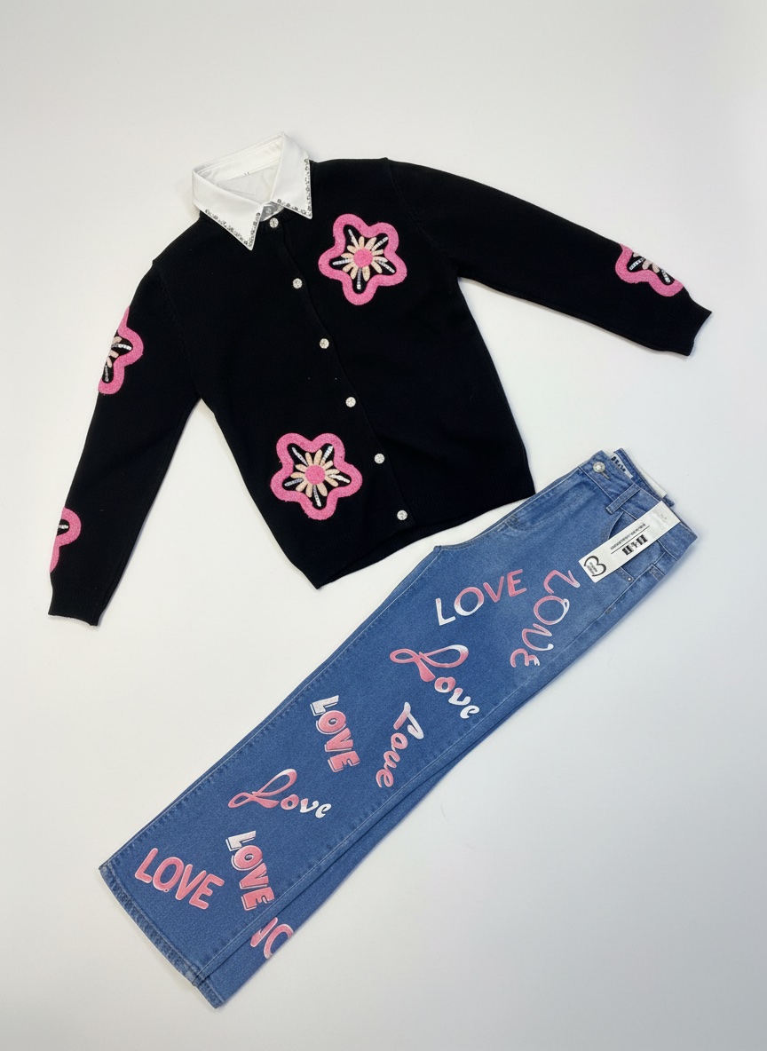 Ensemble 3 Pièces Style "Coquette" – Cardigan, Chemise & Jean +broche