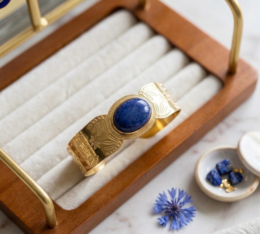 Bracelet martelé et pierre bleue