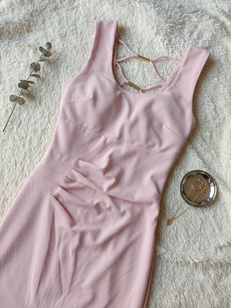 Robe fourreau moulante de couleur rose poudré (ou rose pastel), disposée à plat.