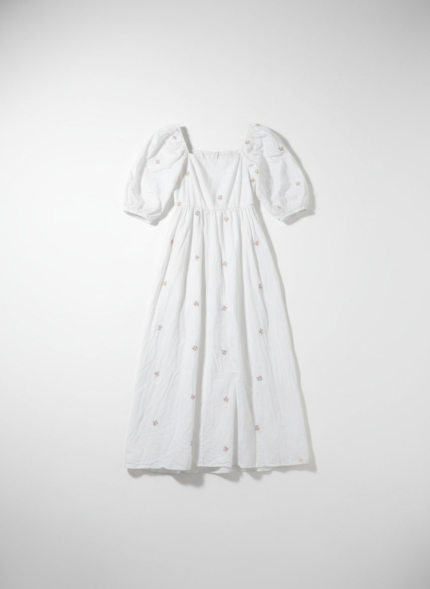 Robe blanche bordé de petites fleurs avec manches bouffantes 