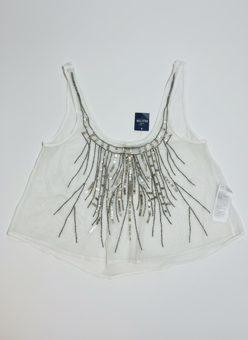 Haut Hollister transparent blanc brodé de paillettes dorées