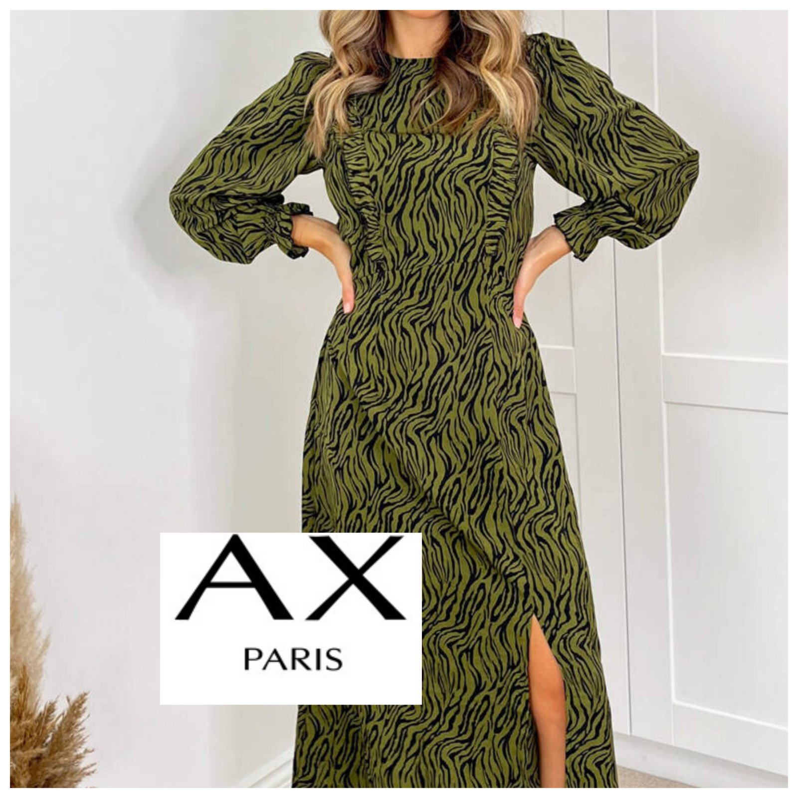 Robe midi kaki à imprimé animal toute neuve, manches longues et volants sur le devant de la marque AX Paris