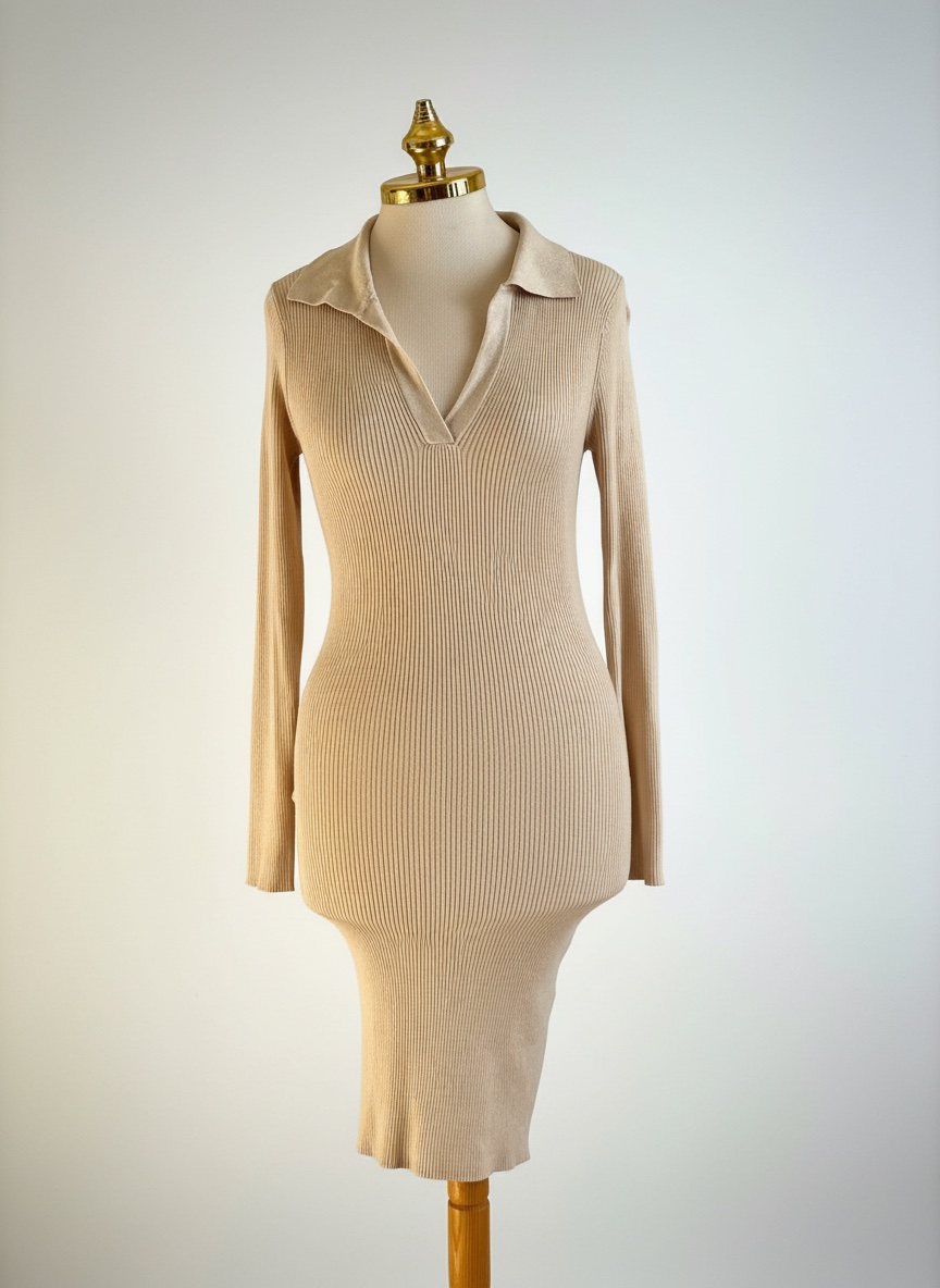 Superbe Robe Pull Côtelée Beige Amisu - Neuve sans Étiquette