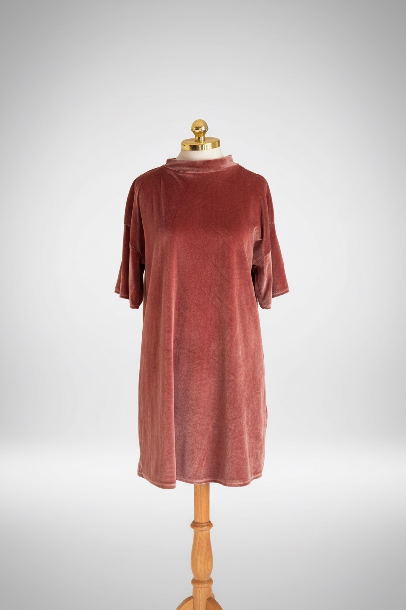 Robe Tunique en Velours Vieux Rose – Coupe Oversize & Col Montant