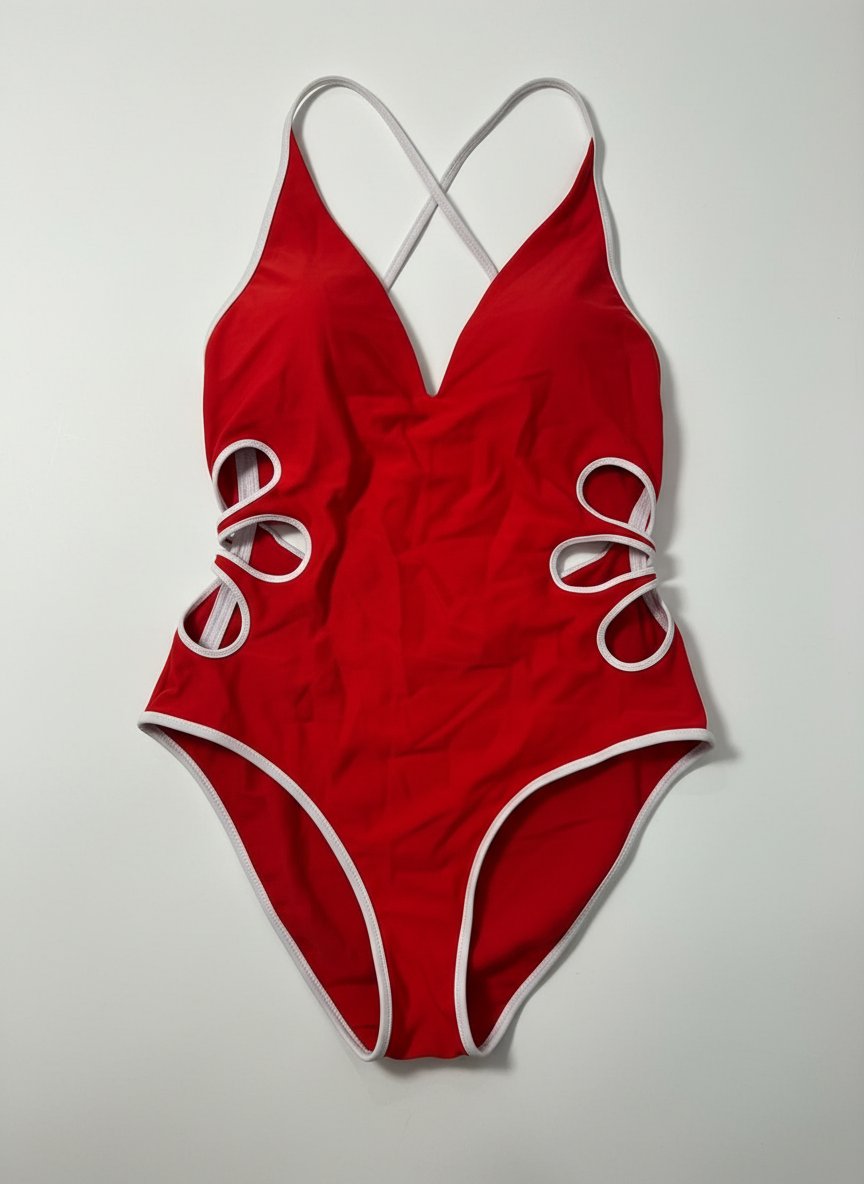 Maillot de bain 1 pièce rouge & blanc – Découpes cut-out originales & Dos croisé
