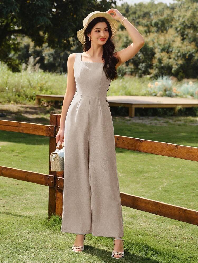 Combinaison pantalon chic beige – Dos nu croisé & Jambes larges