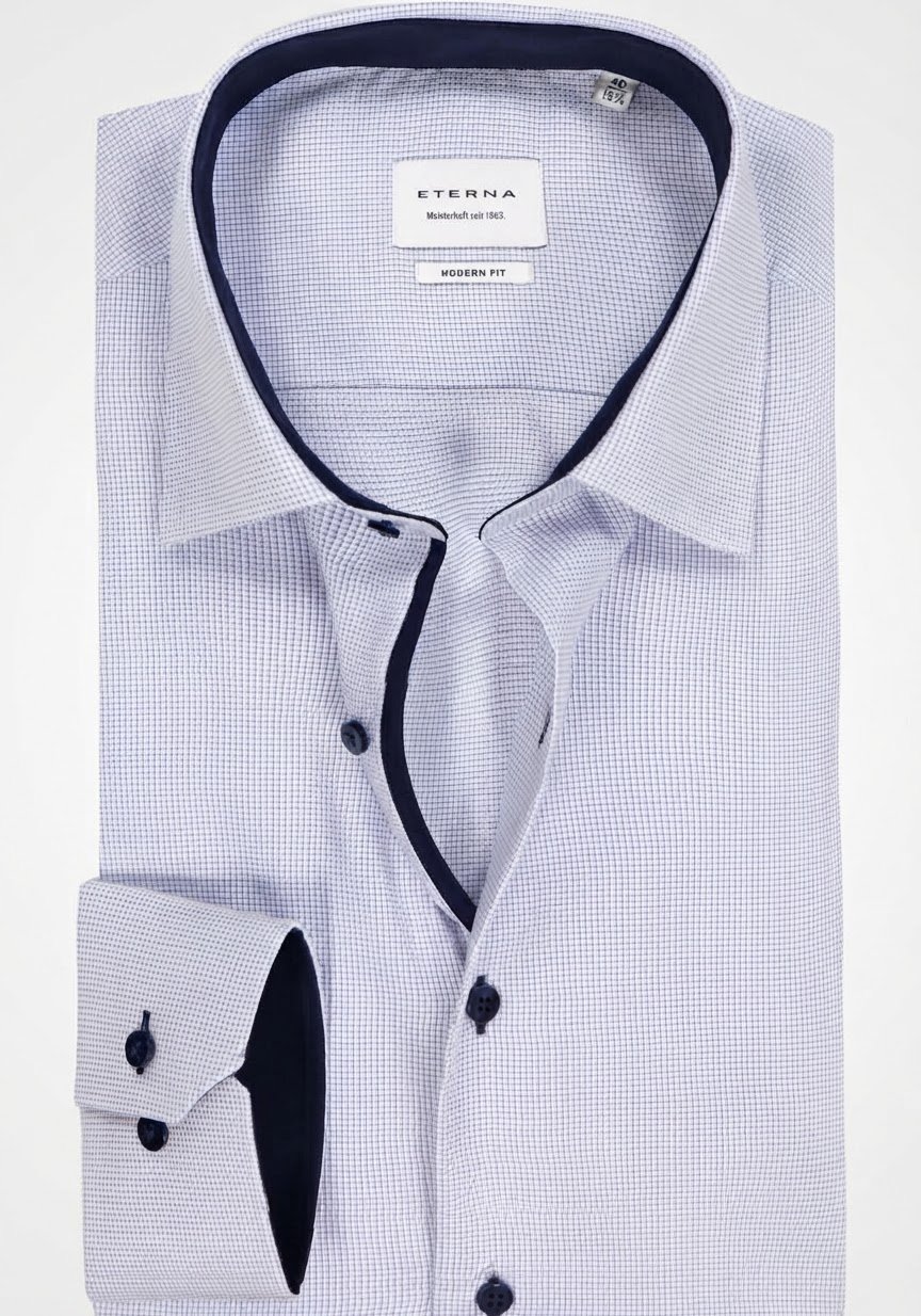 Chemise homme ETERNA – Modern Fit – Taille 45 – Blanc & bleu à micro-carreaux
