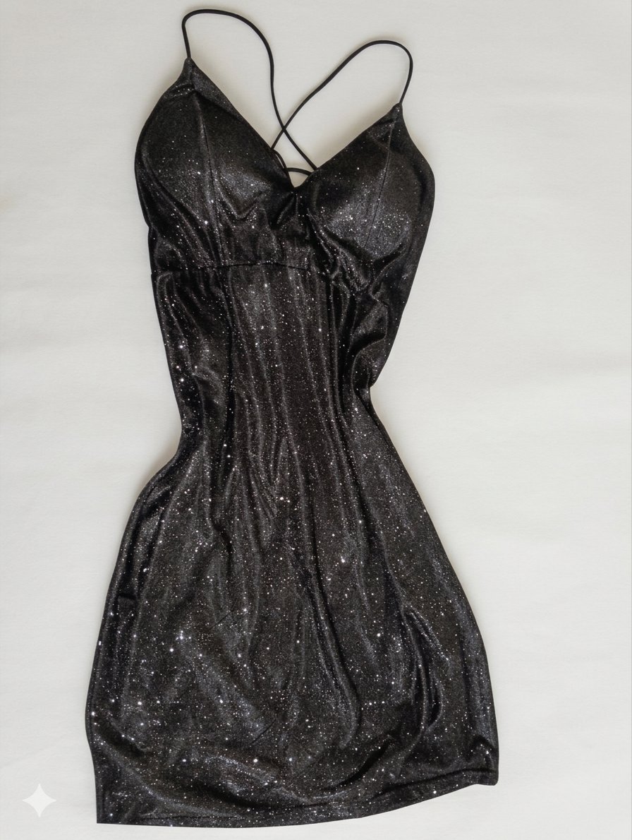 Sparkly Black Mini Dress – Criss-Cross Strapless Back