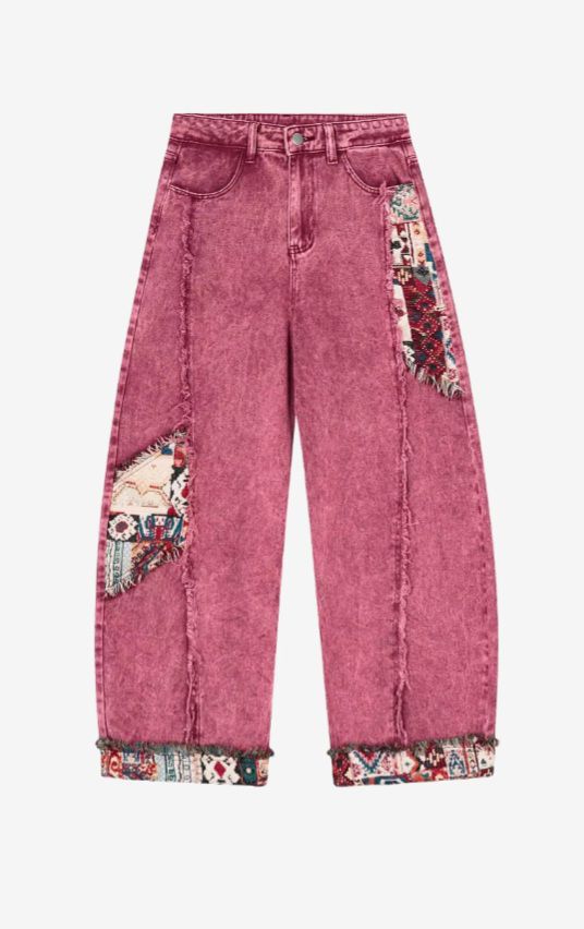 Wide leg jeans patchwork with two color pink and black 🩷🖤