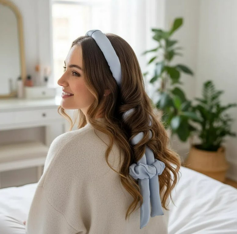 Bandeau Satin & Chouchous bleu ice - Élégance Anti-Casse