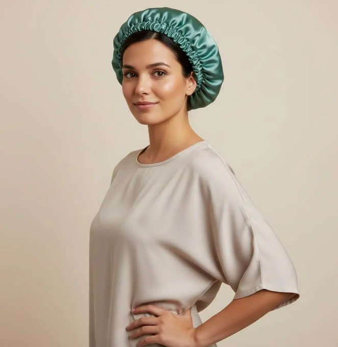 Bonnet Nuit Satin Vert d'eau Élégant - Luxe et Protection Capillaire