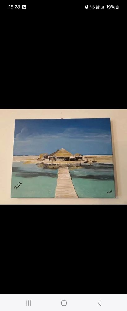 Tableau peint à la main, acrylique et huile hydrosoluble, 30/40cm, "Djerba la Douce", sans cadre, by Inés b.