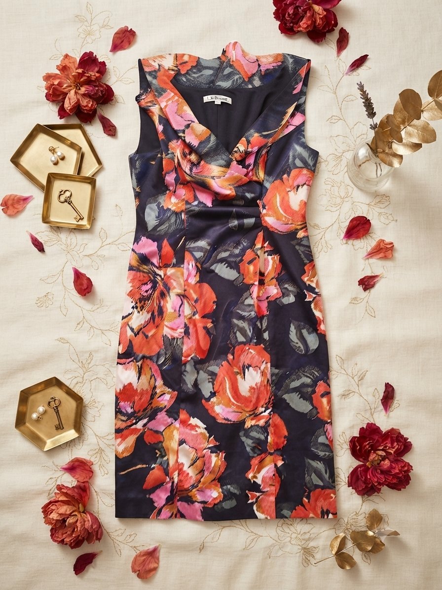 Une robe noire avec des fleures orangées 