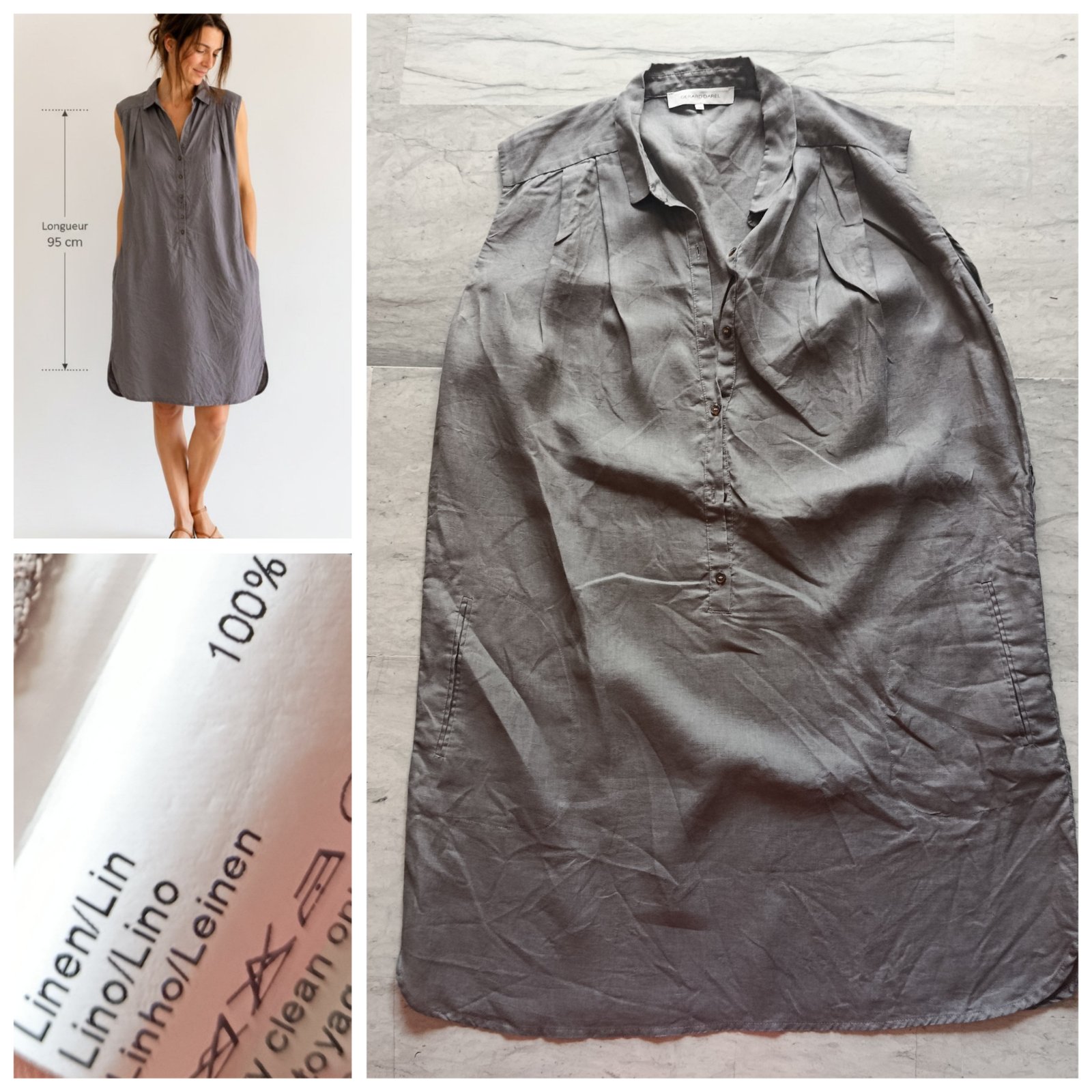 Robe chemise kaki sans manches 💯% lin T.42