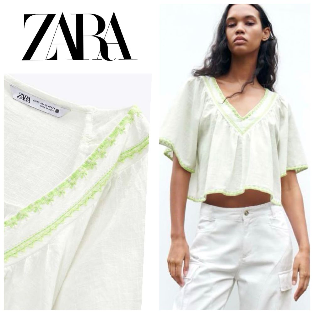 Blouse courte Zara brodée 100% coton T.S oversize 