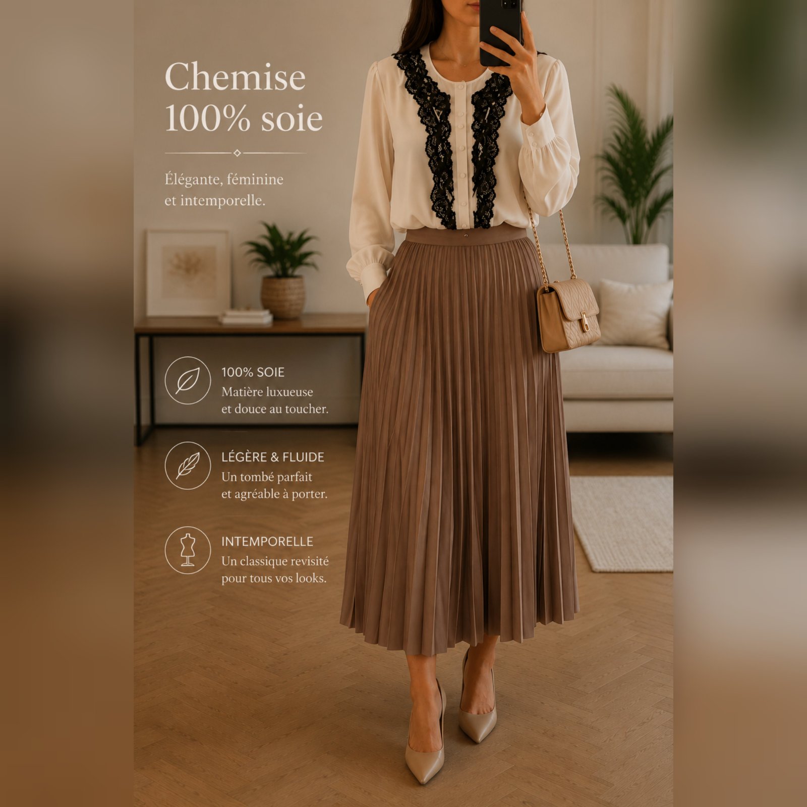 Chemise beige soie Sandro Ferrone col à dentelle T.s