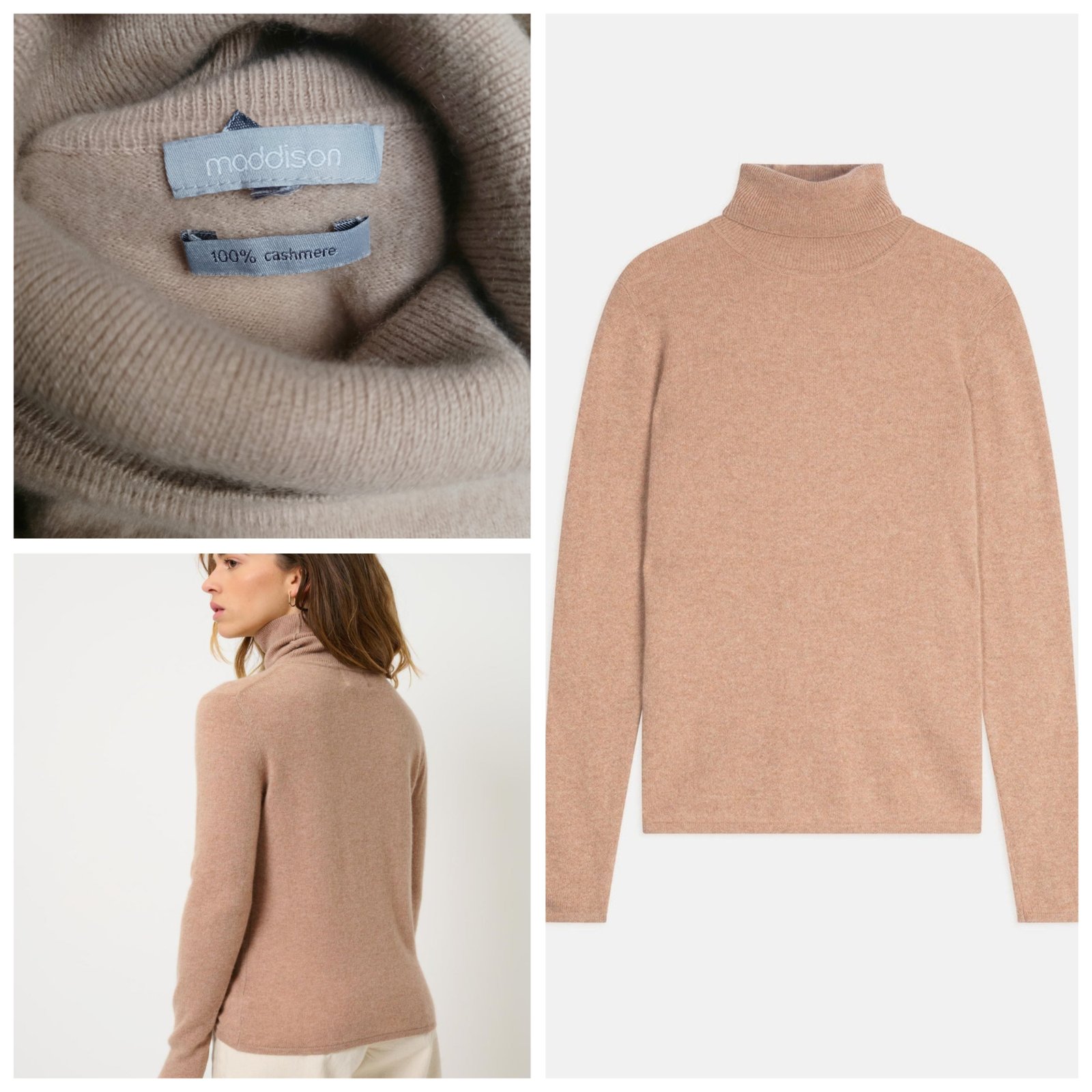 Pull basique col roulé beige 100% cachemire T.m 