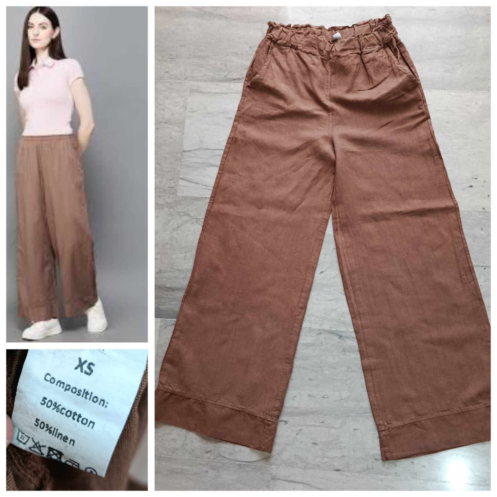 Pantalon marron large en lin mélangé 