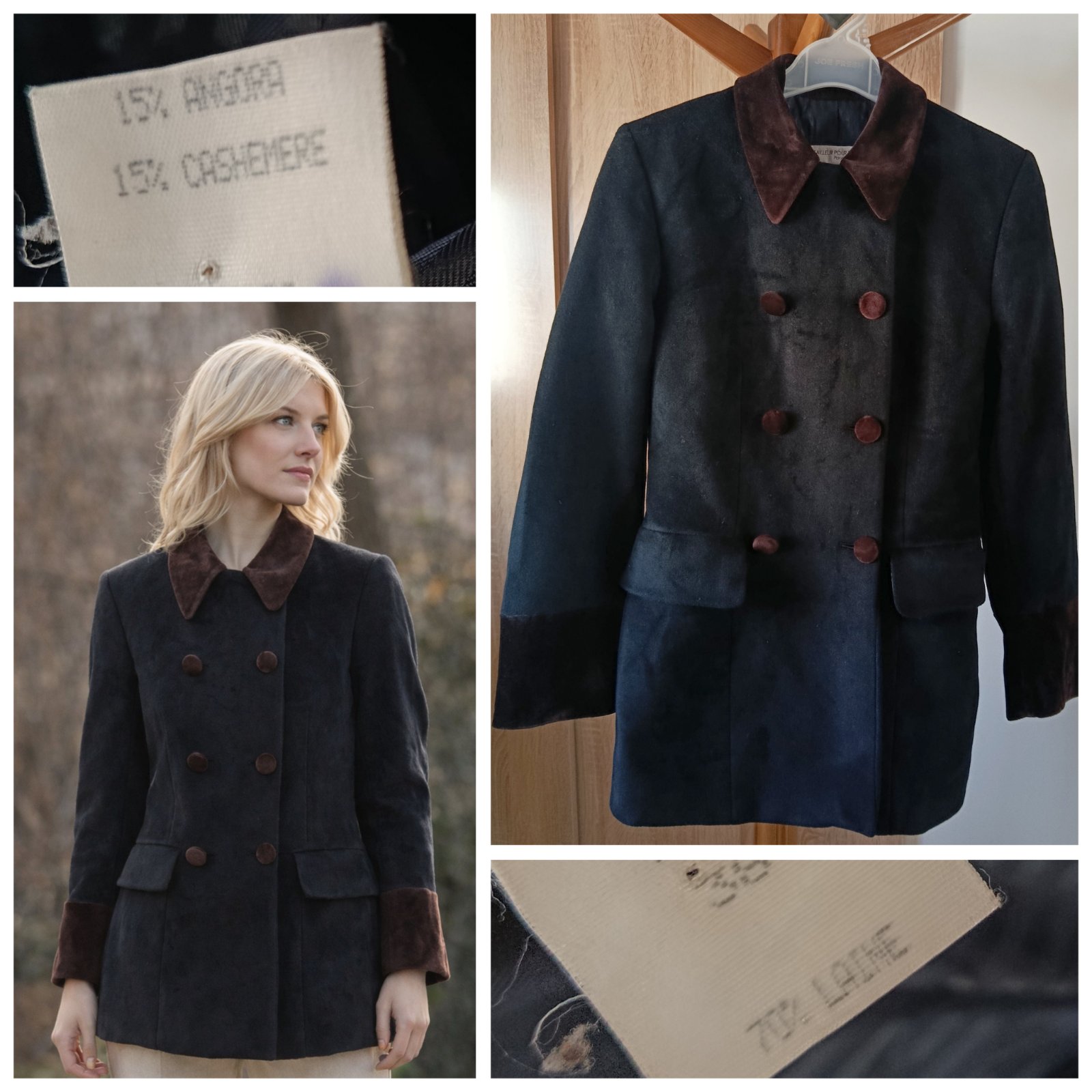 Veste manteau noir chic en laine mélangée au cachemire T.s