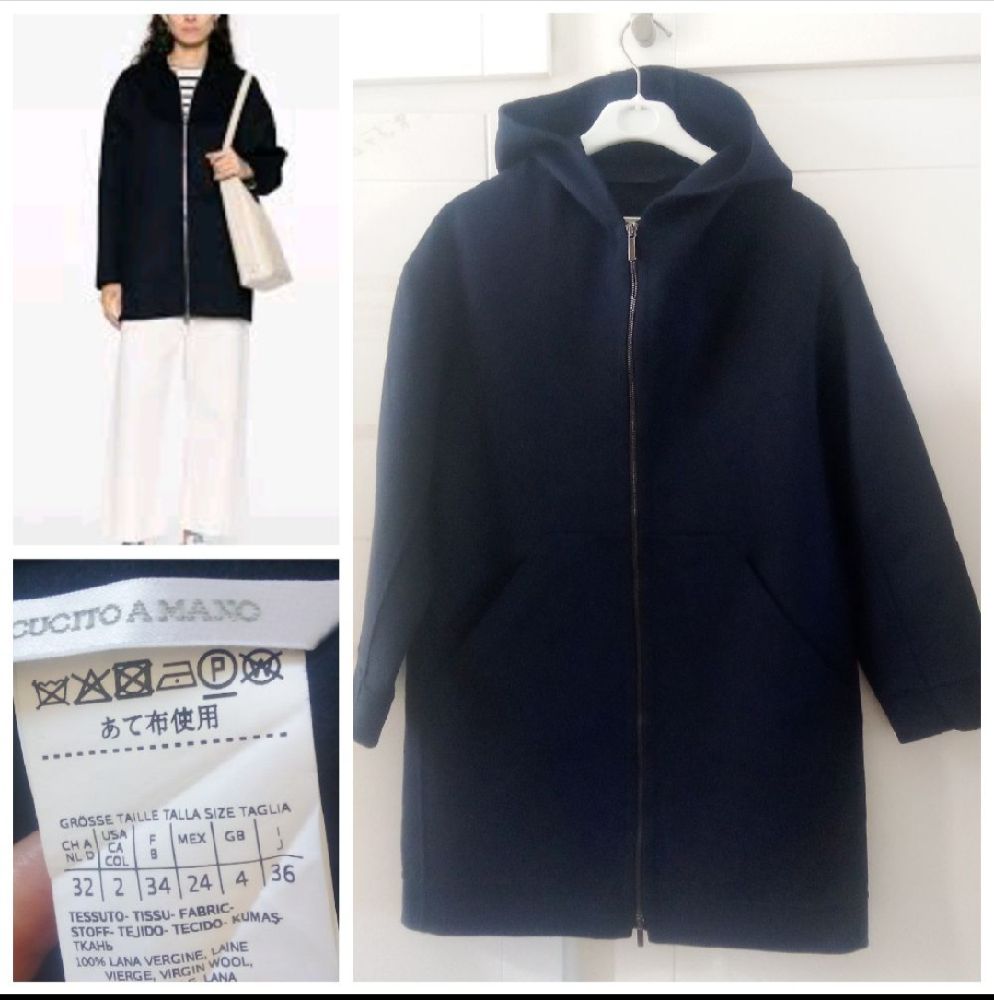 Manteau léger luxueux Entrend bleu marine en pure laine T.xs oversize 